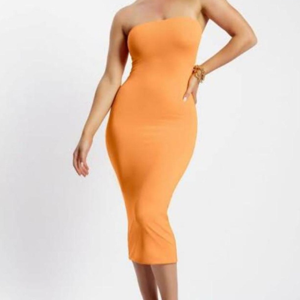 MESHKI Strapless Orange Bodycon Midi Dress Size Small